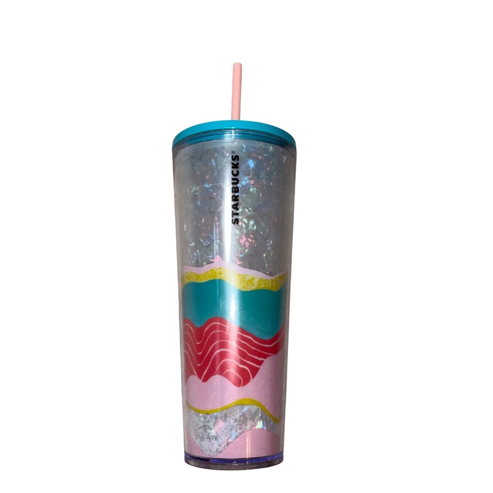 Starbucks 24oz Cold Cup Tumbler Abstract Waves Iridescent Confetti Teal Pink‎